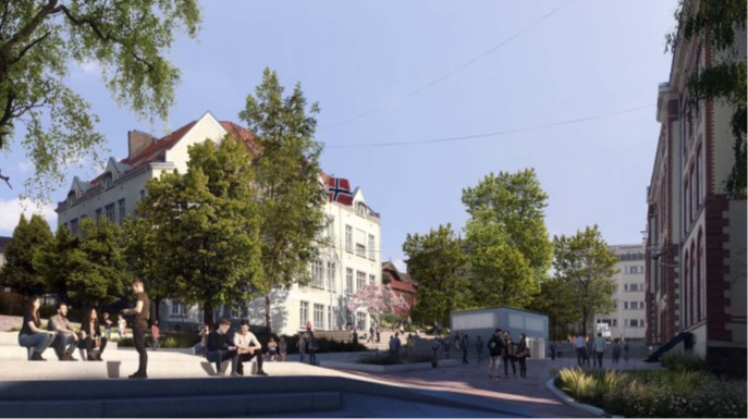 Skoleg&aring;rden med utenf&oslash;rs amfi og inngang til gymsaler under bakken